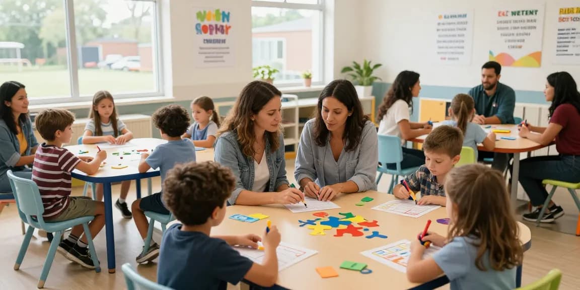 Functional communication training Burlington in a supportive classroom with children and therapists working together.