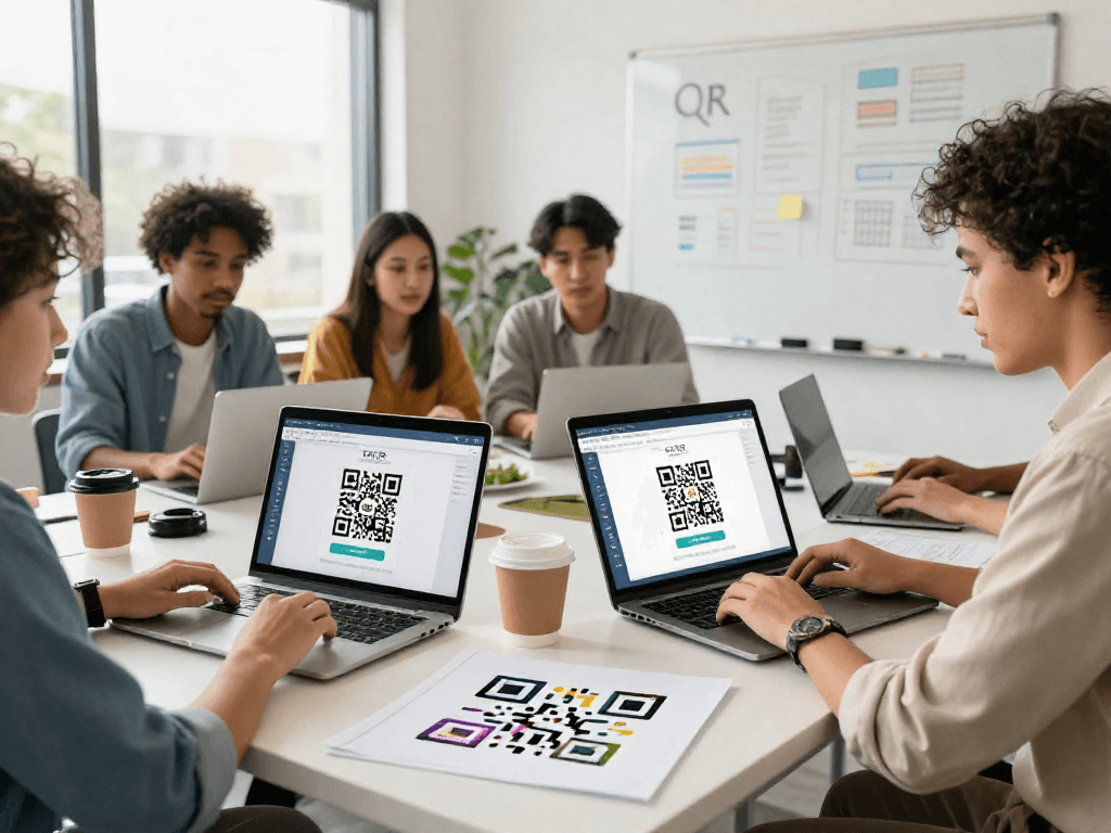 Team collaborating using the EZQR QR Code Generator in a bright office.