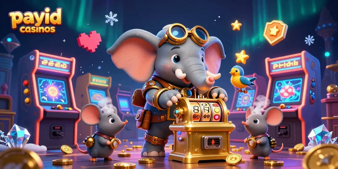 Engage with payid casinos through a vibrant 3D illustration of a steampunk elephant operating a golden slot machine.