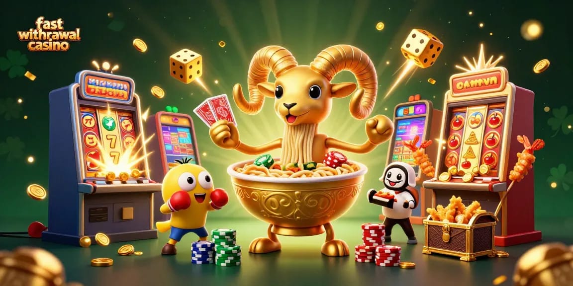 Fast withdrawal casino showcases energetic characters amidst slots, jackpots, and colorful gaming elements.