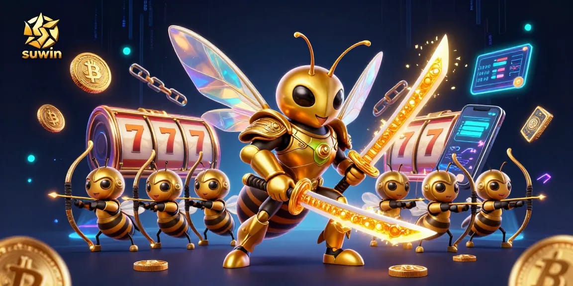 Engage in exciting adventures with suwin as a golden hornet samurai battles amidst vibrant casino elements.