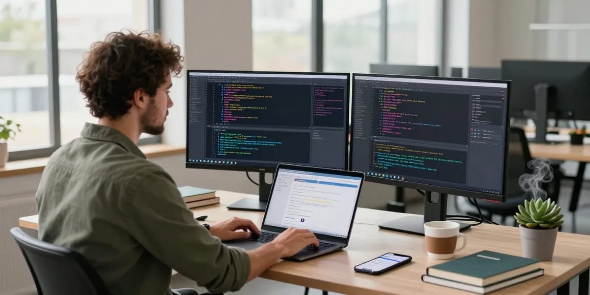 WPS Download in a modern programming workspace with dual monitors displaying code, enhancing productivity and collaboration.