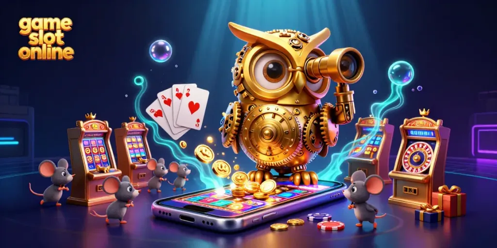Experience excitement with game slot online featuring a golden owl and bustling casino scene.