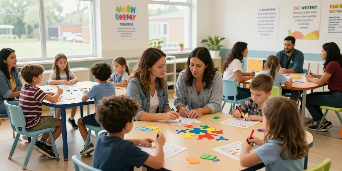 Functional communication training Burlington in a supportive classroom with children and therapists working together.