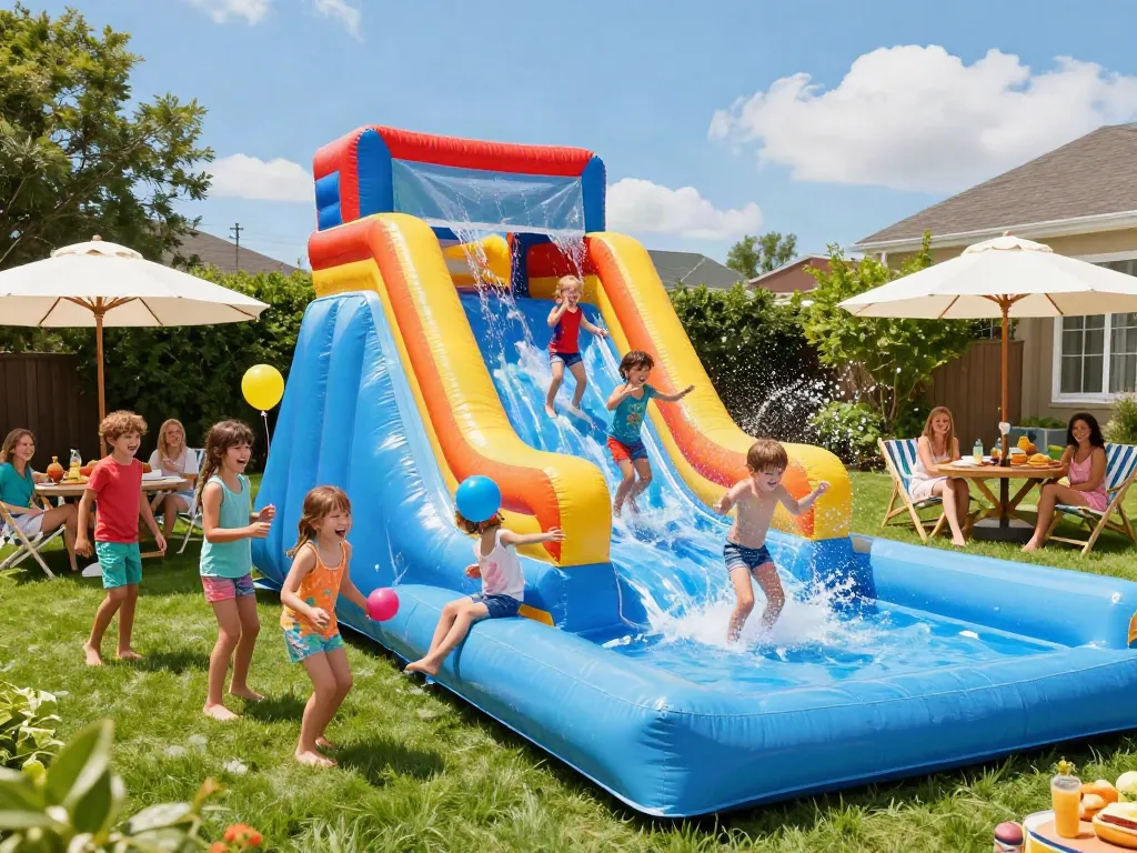 Children enjoying a water slide inflatable at a backyard summer party with splashes and laughter.