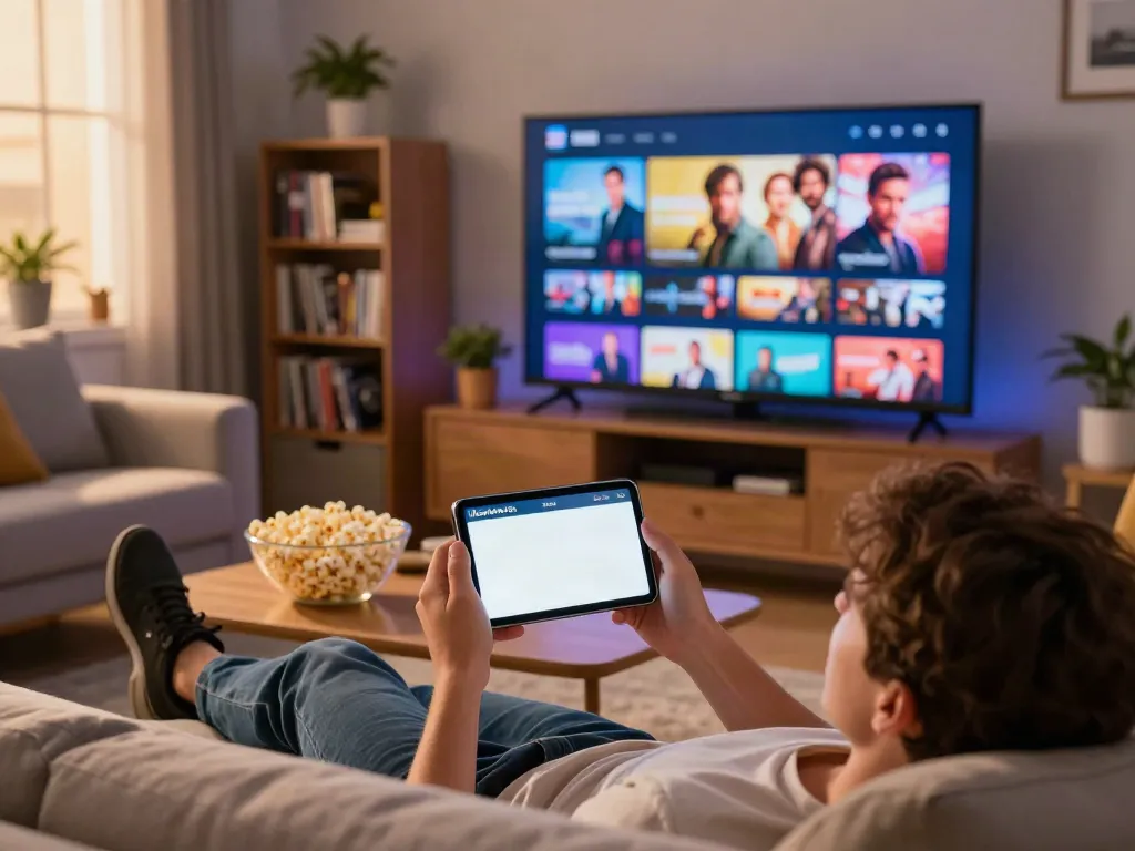 Cozy living room scene showcasing movie streaming with the Movieboxappdownload.com.co app on smartphone, plush couch, and warm lighting.