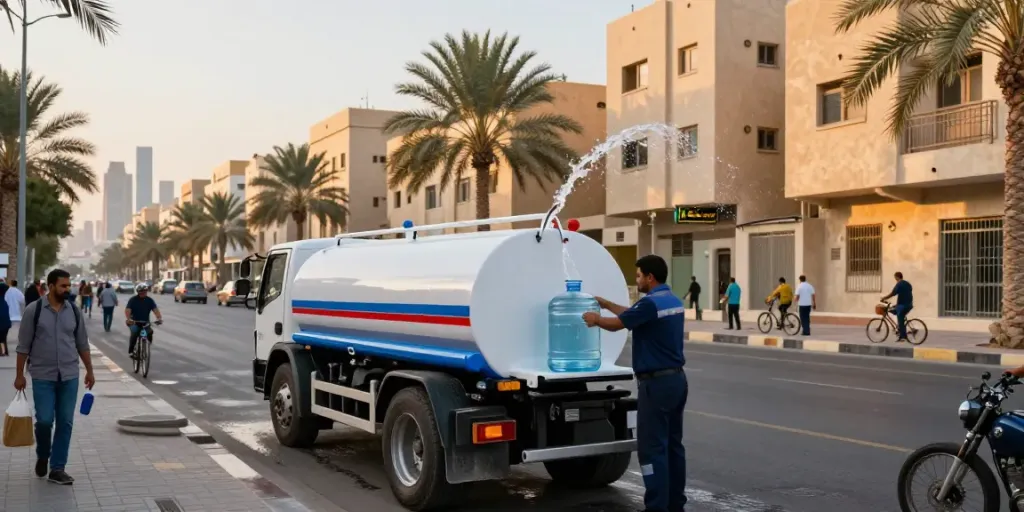 وايت ماء اليرموك being filled with fresh water in a vibrant Riyadh neighborhood scene.