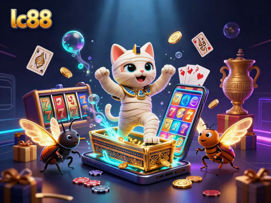Experience thrilling gameplay with lc88 as a mummy cat emerges in a vibrant pyramid casino.