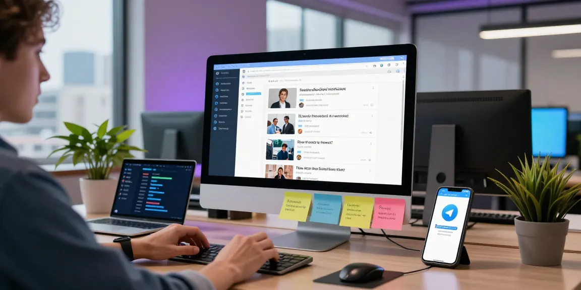Using Telegram Web Version on a desktop, showcasing a modern office with vibrant decor.