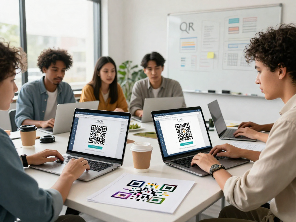 Team collaborating using the EZQR QR Code Generator in a bright office.