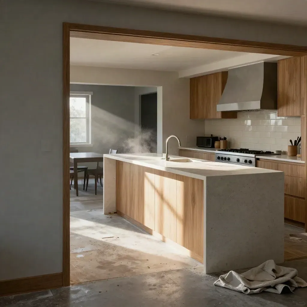 Kitchen renovation with quartz island, pale oak cabinets, and sunlit dust in a doorway view.