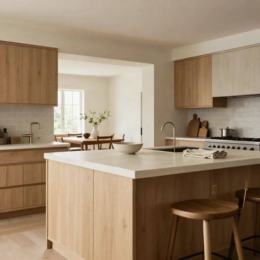 Open-plan kitchen remodel with island, pale wood cabinets, and dining sightline
