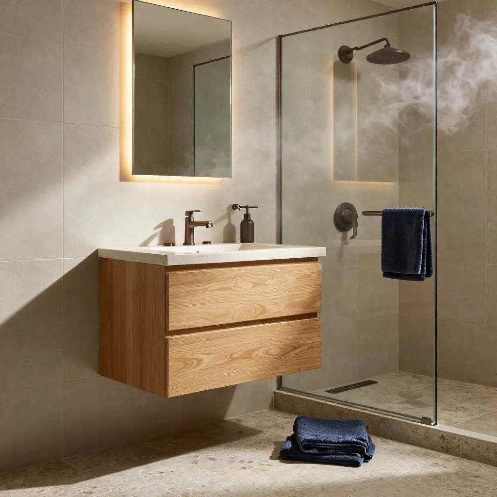 Finished bathroom with glass shower, floating vanity, stone floor, and soft steam.