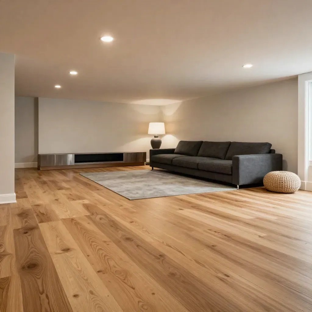 Finished basement family room with wood-look floor, media wall, recessed lights, and sectional.