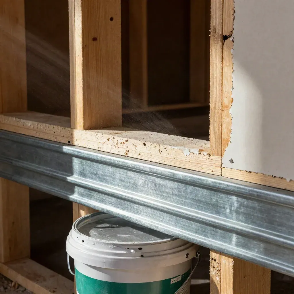 Macro of framing studs, drywall, metal track, and a compound bucket in dusty light.
