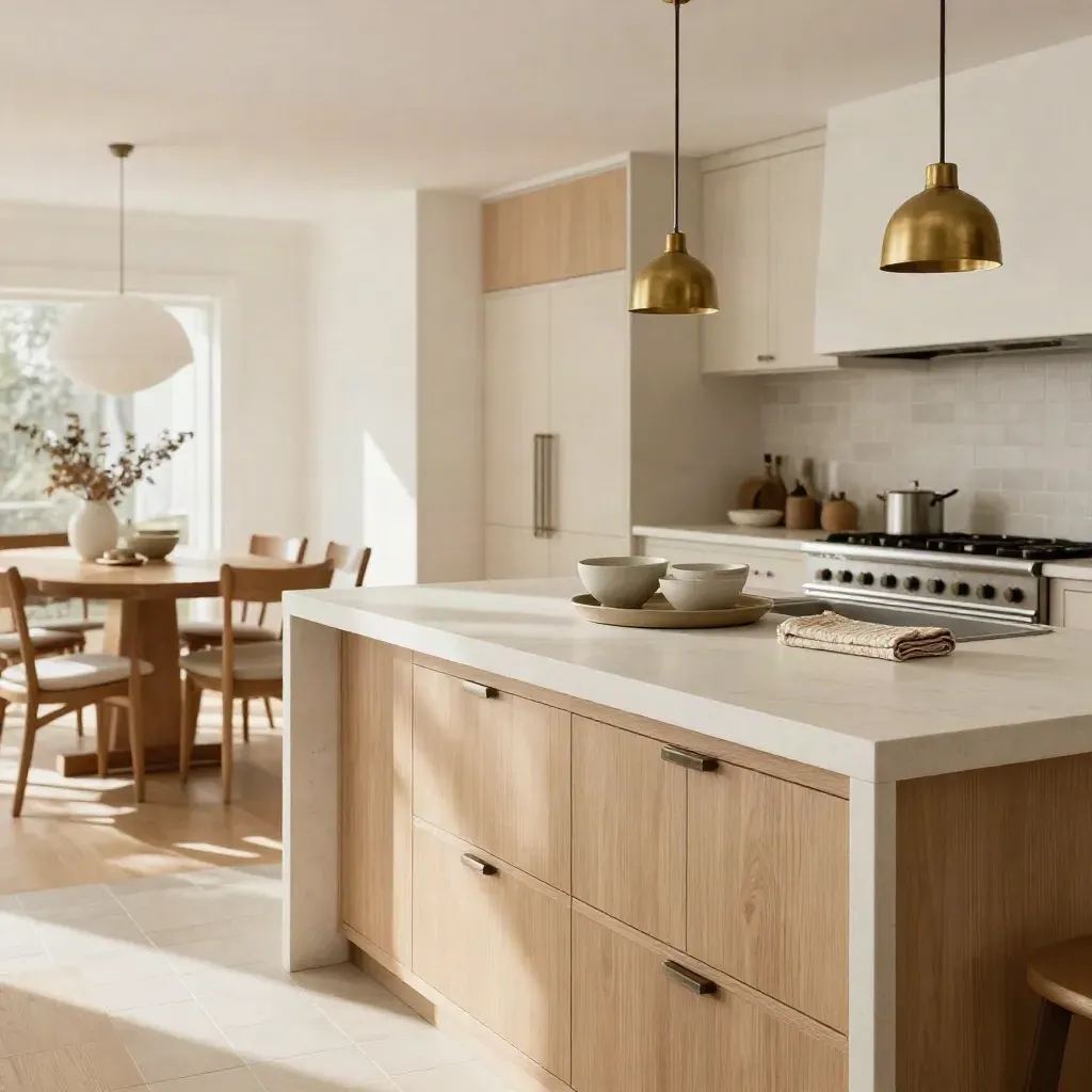 Completed Oakville kitchen with pale oak cabinets, warm white island, and bright dining room beyond.