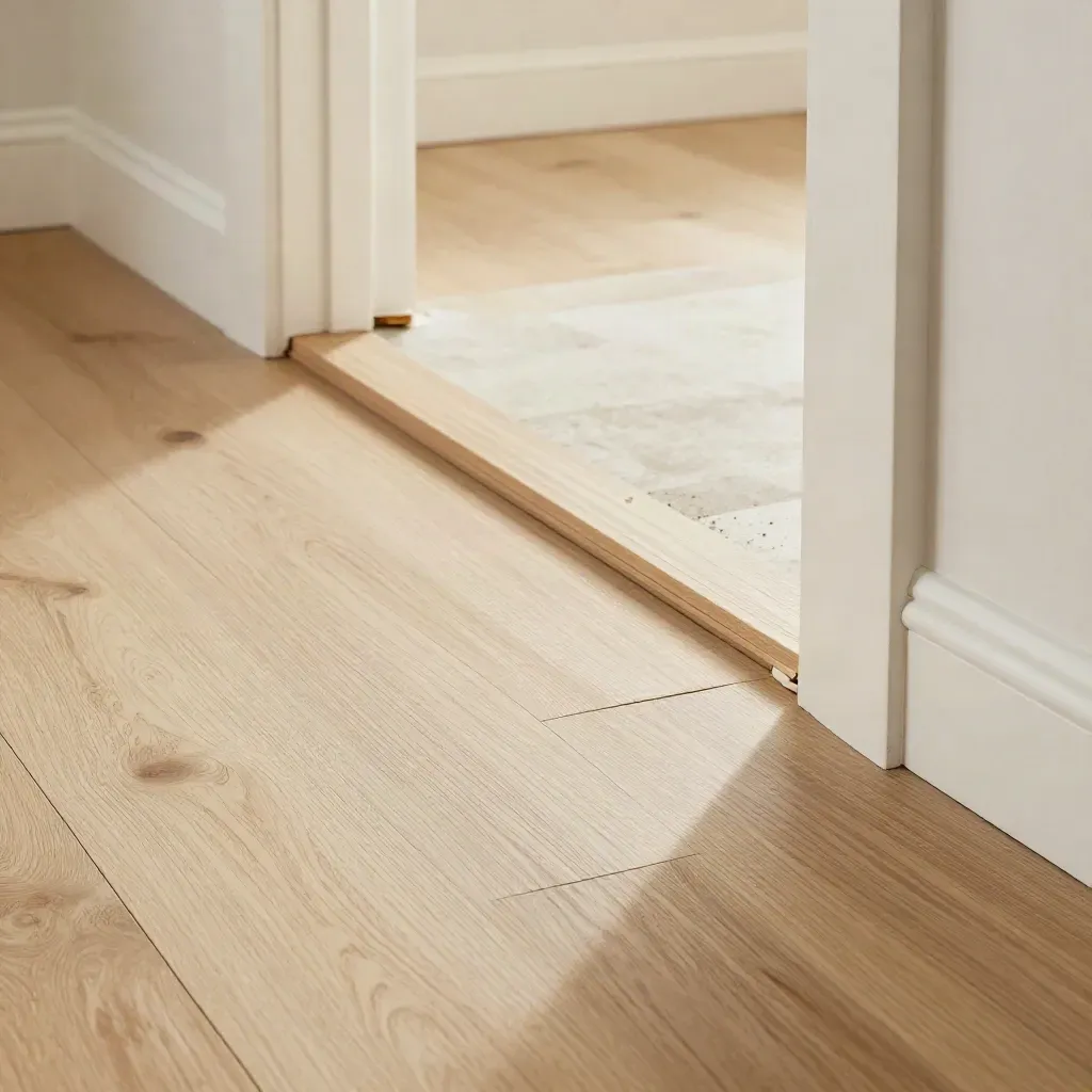 White oak flooring and trim meeting at a doorway in a renovated home, with soft side light.