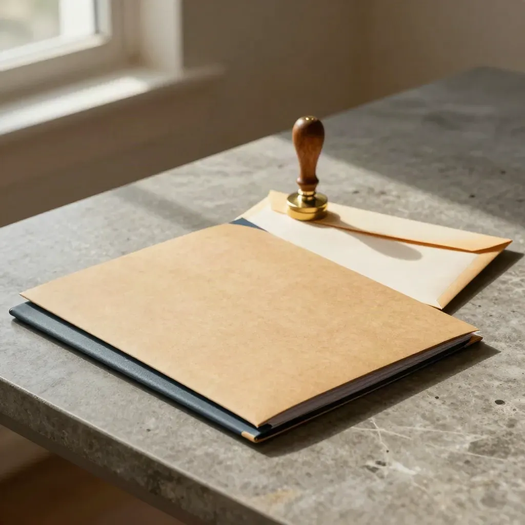 Permit folder, stamp, and sealed envelope on a stone desktop in warm window light.