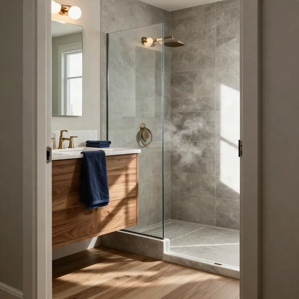 Renovated Burlington bathroom with glass shower, walnut vanity, warm tile and soft steam.