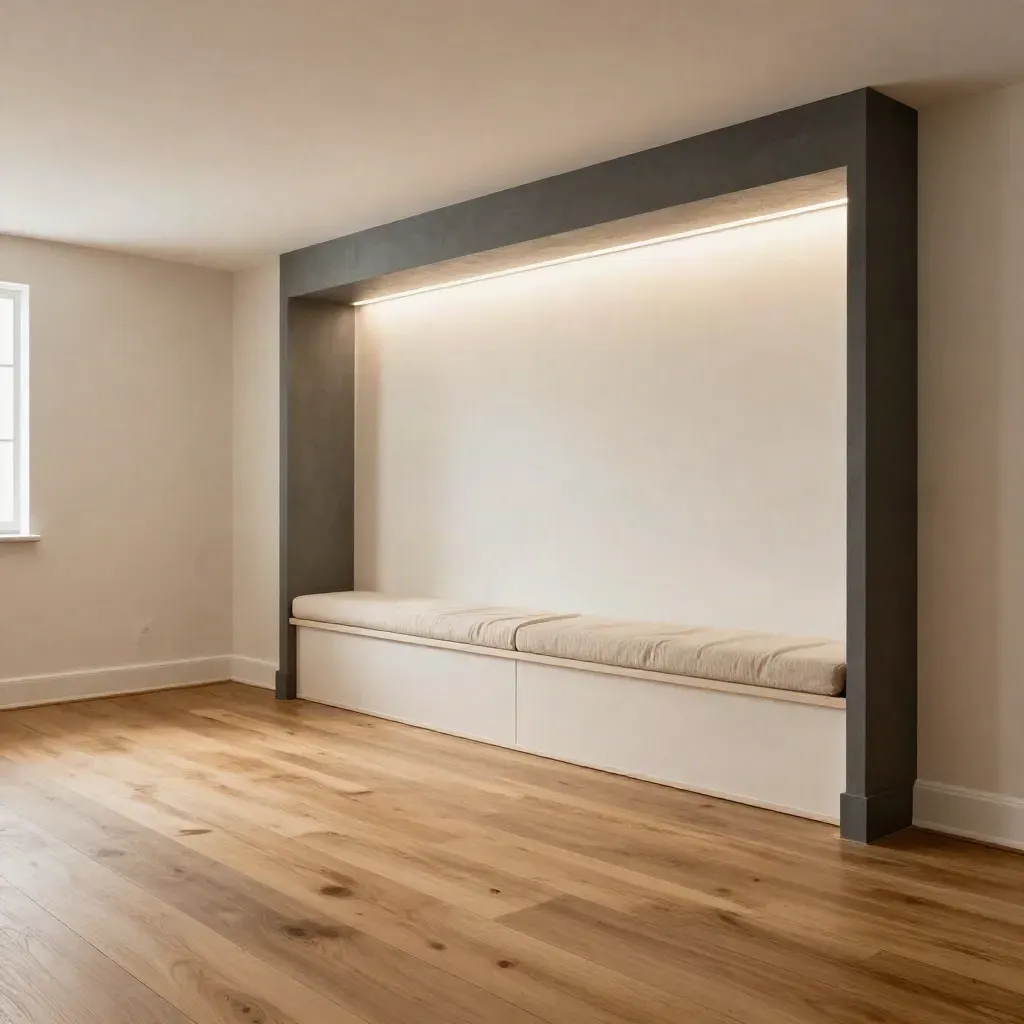 Finished basement family room with warm flooring, lit media wall, and built-in bench nook.