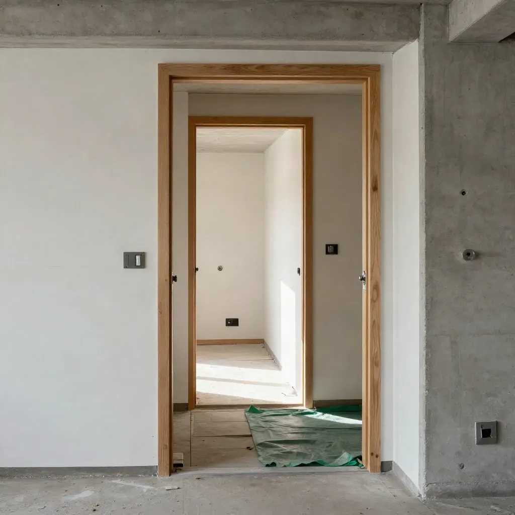 Empty Mississauga rental suite shell with framing, drywall, and doorway depth in warm daylight.