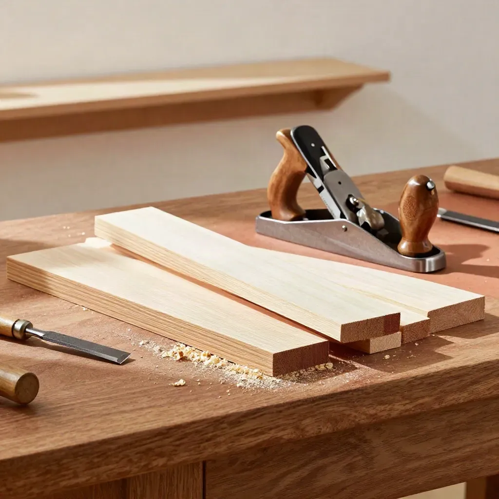 Oak trim profiles, hand plane, and chisel on a carpentry workbench in warm daylight.