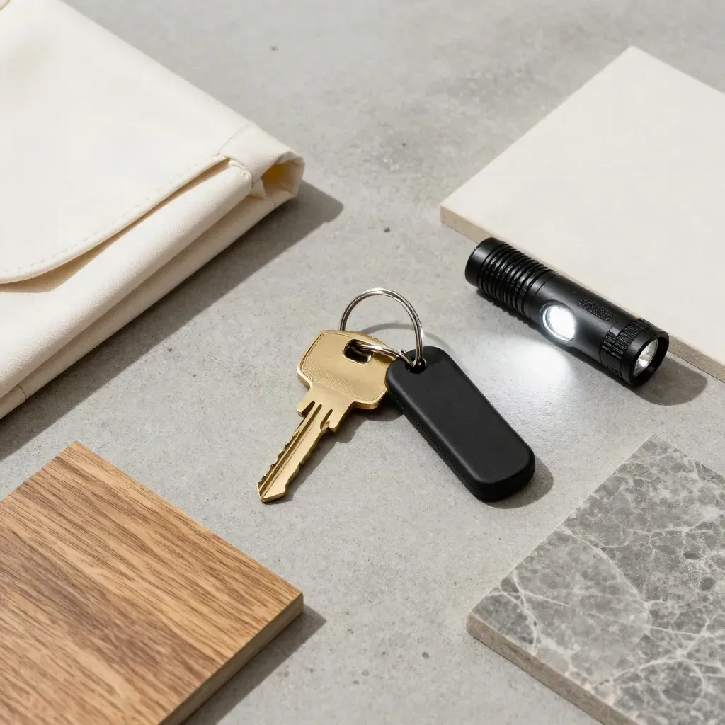 Overhead site-walk kit with keys, boot covers, flashlight and floor samples on concrete.