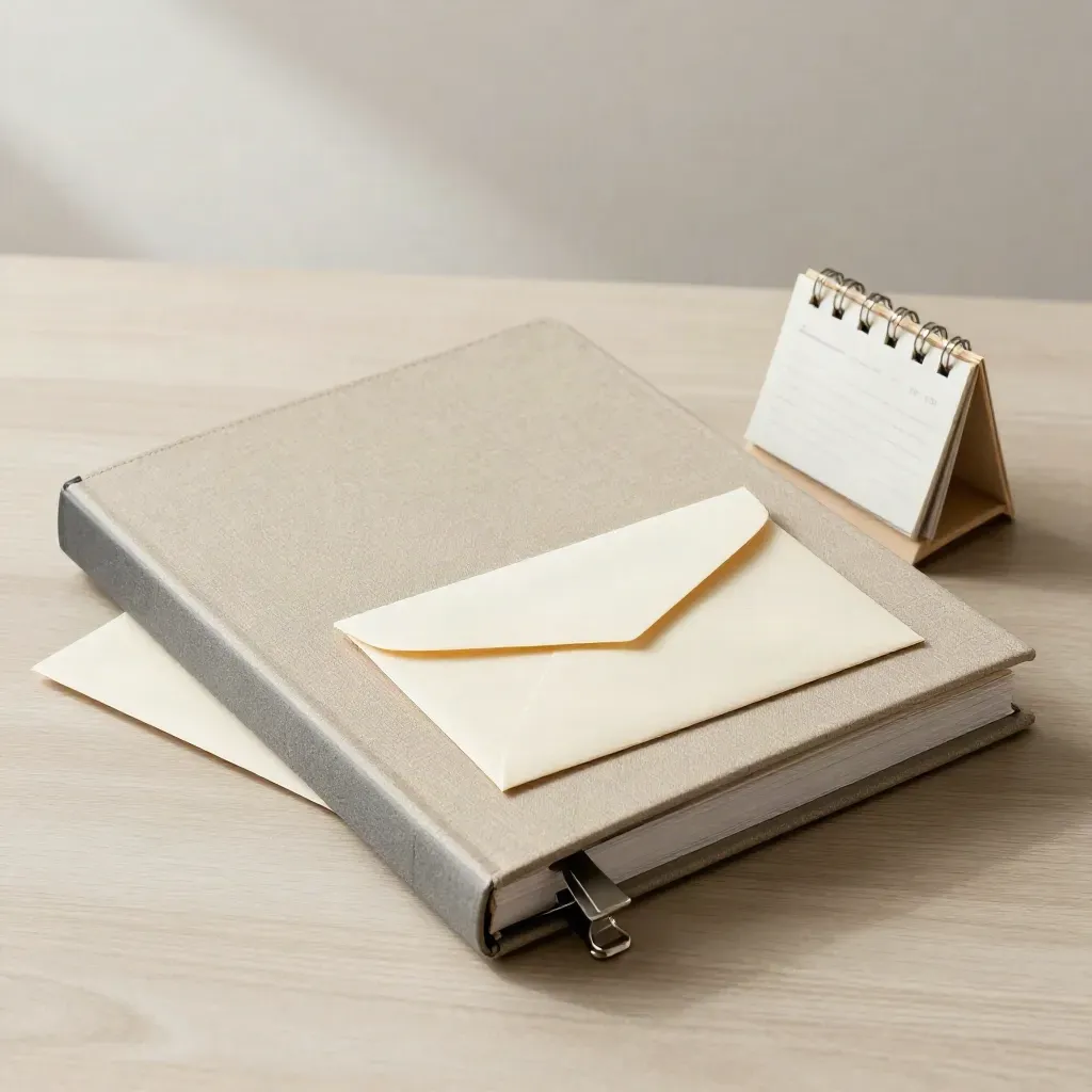 Binder, quote envelope, clips, and calendar block on pale wood in soft light