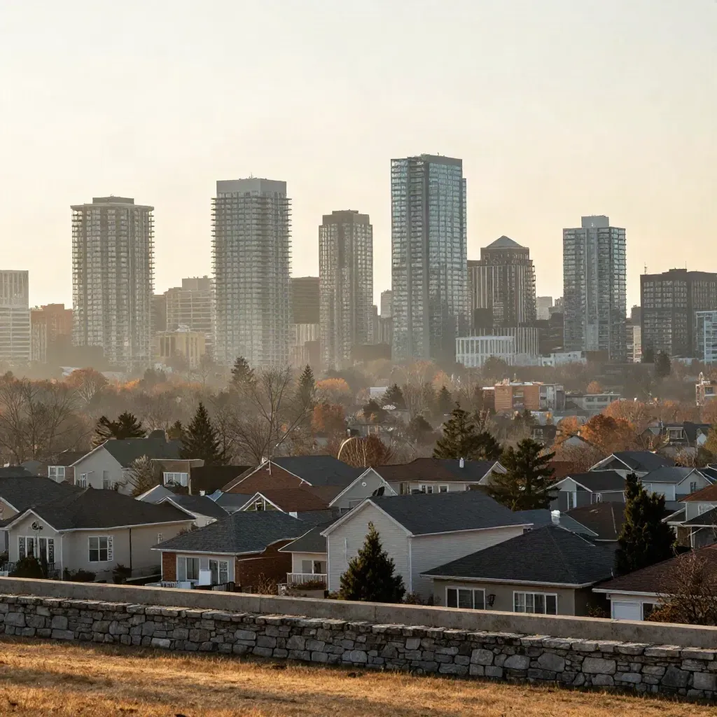 Hazy Peel Region skyline with Mississauga towers above quiet tree-lined roofs