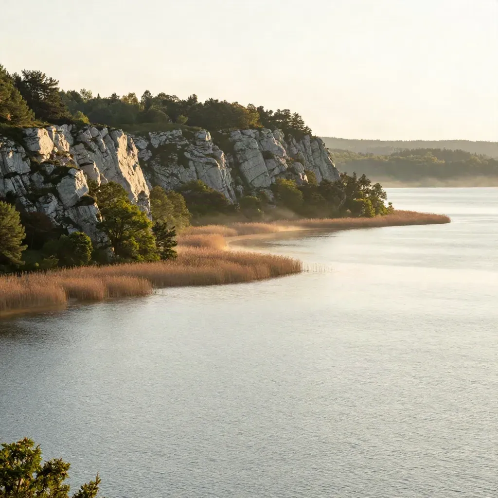 Halton lakeshore and escarpment ridge at golden hour above calm misty water