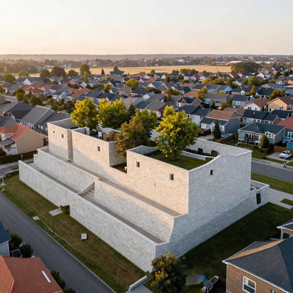 Aerial of York Region limestone terraces, new roofs and maple canopies in warm sunset haze.