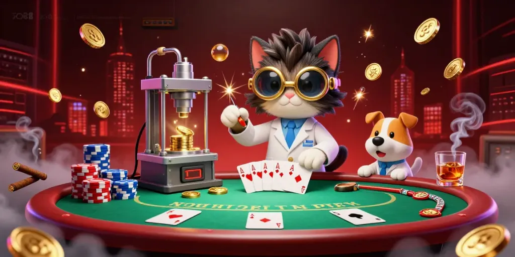 Experience the excitement of xo88's casino with a mad scientist cat and dog creating gold coins.