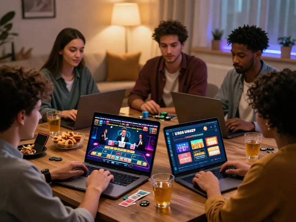 Engaging friends enjoying online gaming at UK88, featuring a lively live casino setup.