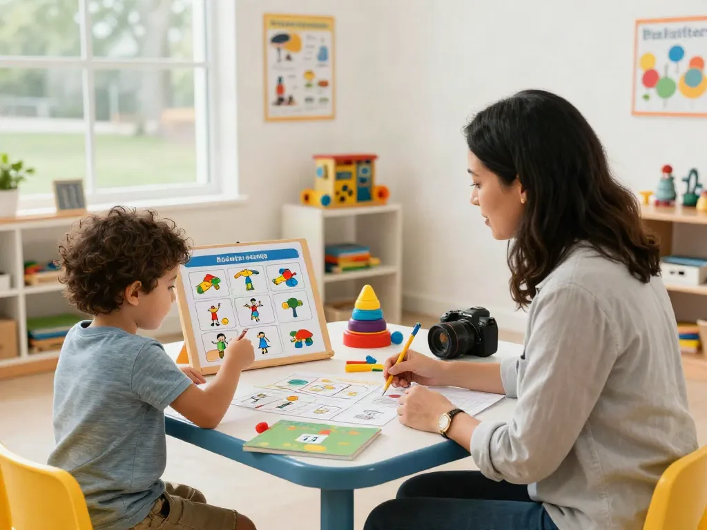 Child engaging in ABA programming with a behavior analyst using visual aids and sensory tools in a bright learning environment.