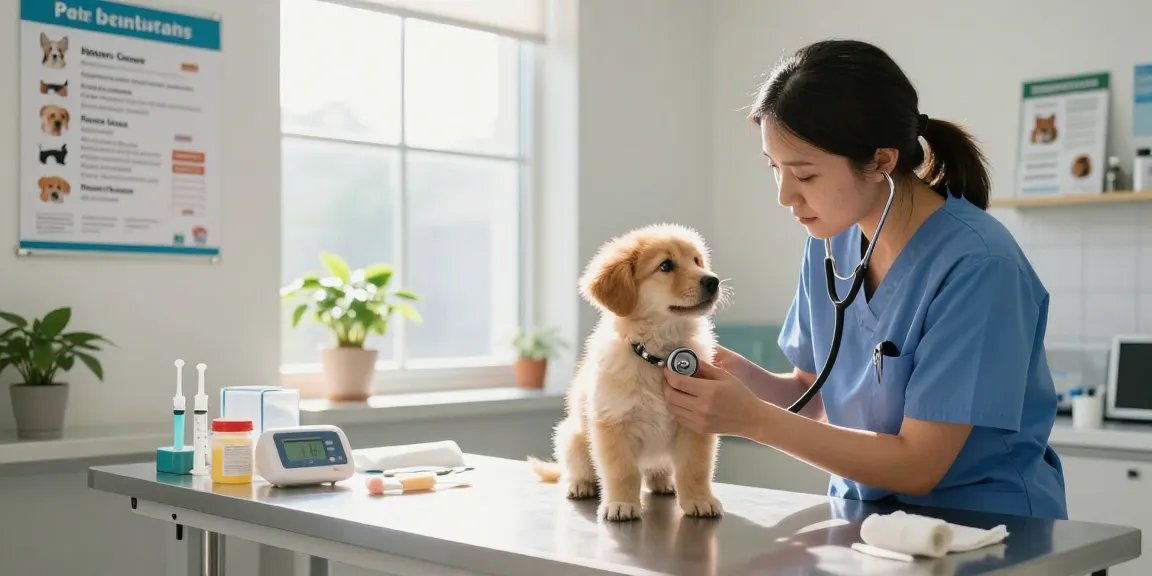 Veterinary medical supplies Canada showcased in a friendly veterinary clinic scene with a vet and puppy.