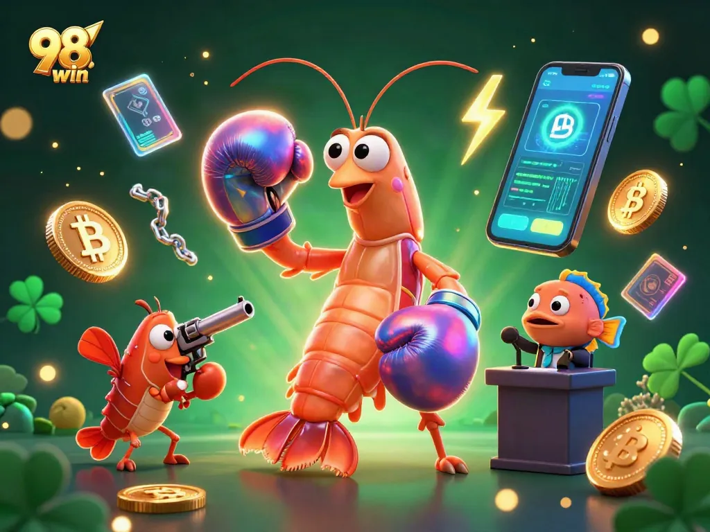 Spin and win at 98win casino featuring vibrant 3D characters and exciting crypto elements.