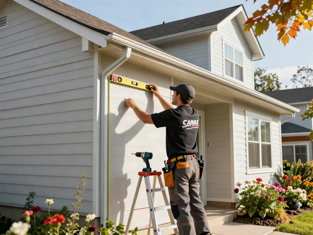 Spokane seamless gutter installation professional measuring home exterior with tools arranged on a ladder.
